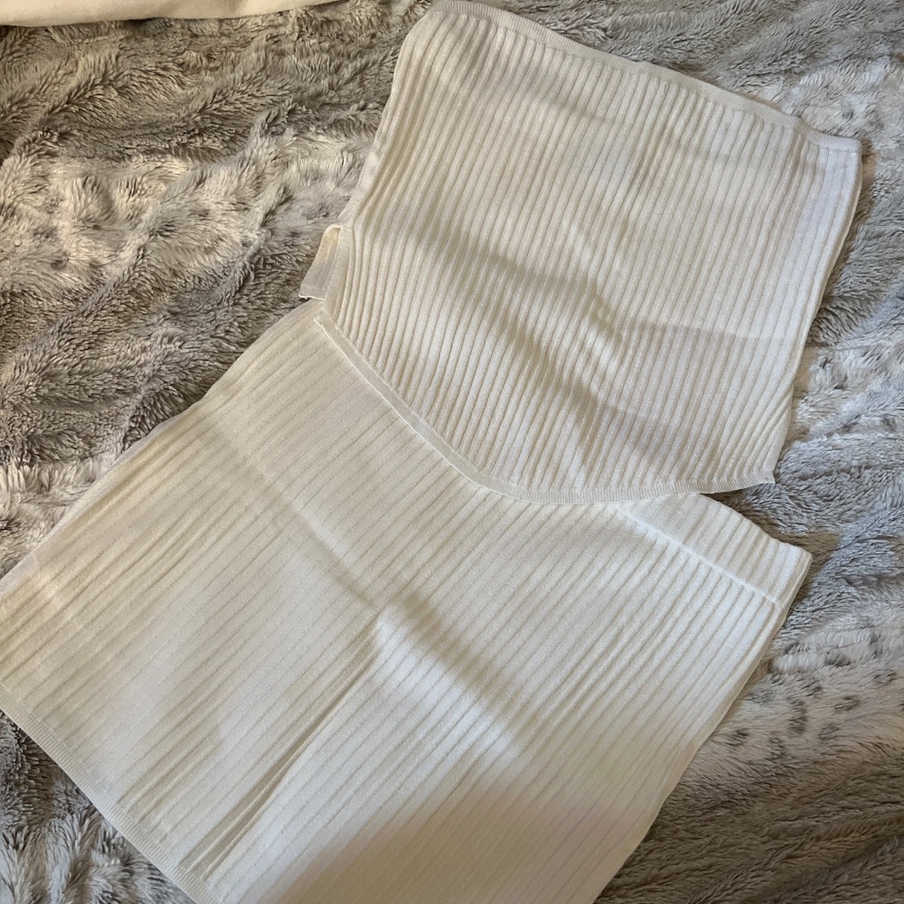 white fox knitted mini skirt and knitted bustier top